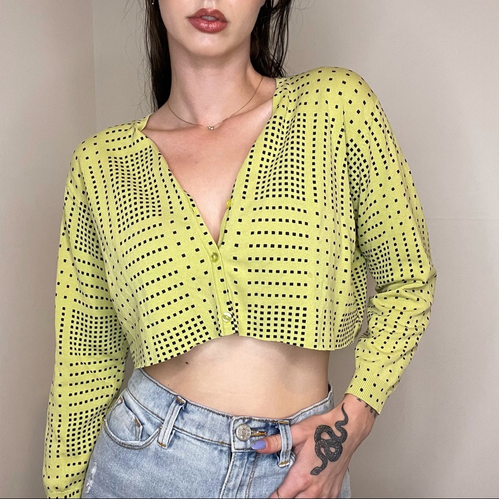 ⭐️3/$15⭐️ Vintage Lime Green Pattern Crop Cardigan, Women's Size Medium